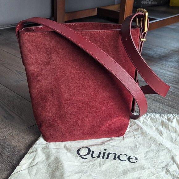 Quince Italian Suede Bucket Crossbody Leather Bag Merlot Burgundy Brass Minimal - Picture 6 of 13